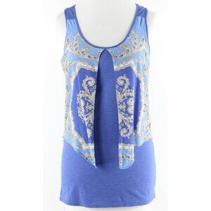 Leifnotes Sz S Blue Taupe Multi Flowing Silk Overlay Cotton Modal Top